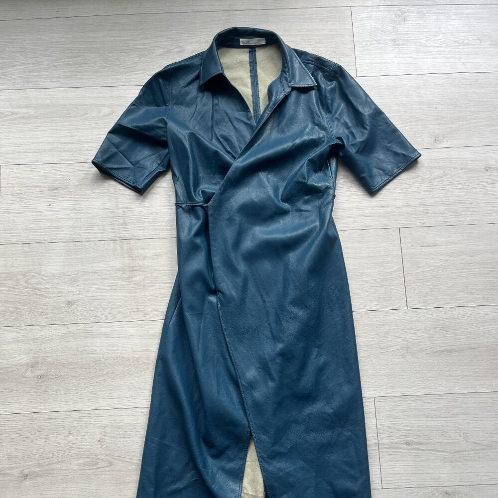 Oak + Fort Faux Leather Wrap Midi Dress in Teal Blue